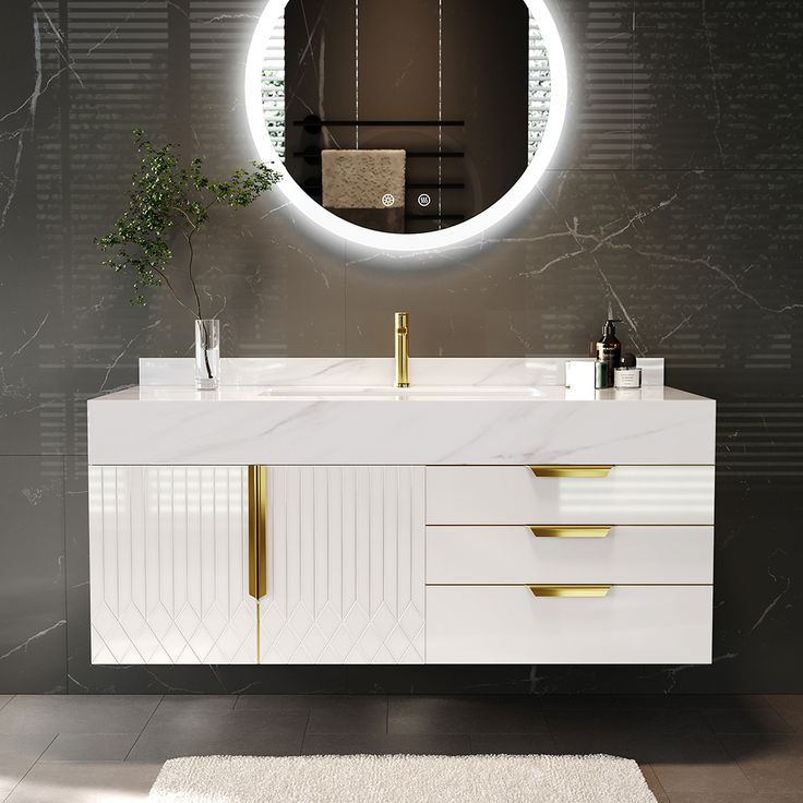 Aro 35 White Wall Mounted Bathroom Vanity Single Sink Drawers Doors Faux Marble Top